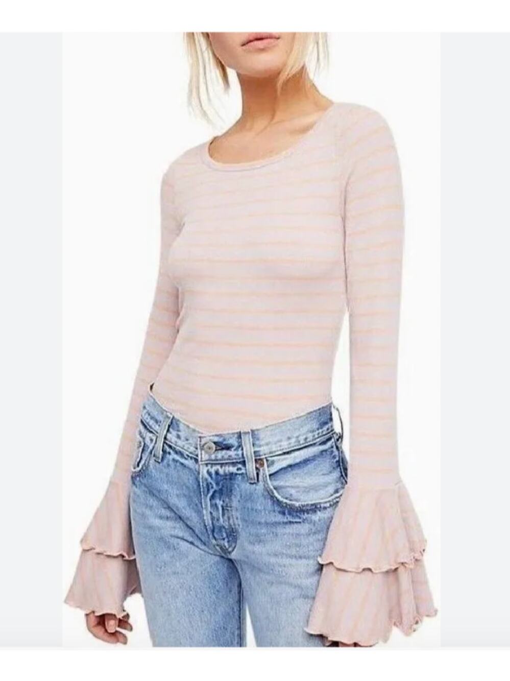 We The Free People Pink Orange Top Striped Ruffle Bell Sleeve Size X-Small XS